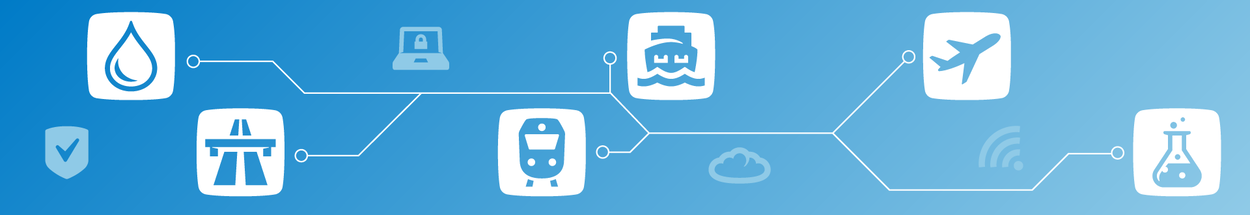 Blauwe banner met iconen die verschillende infrastructuur- en technologieonderwerpen voorstellen, waaronder water, cyberveiligheid, weg- en spoorverkeer, scheepvaart, luchtvaart, chemie, nucleair en afvalstoffenbeheer. De iconen zijn verbonden via een gestileerd netwerk van lijnen.