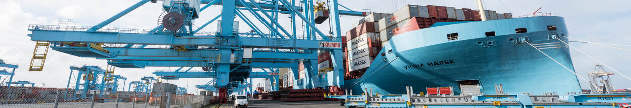 Een groot containerschip van Maersk wordt geladen of gelost bij een containerterminal met blauwe kranen in de haven.