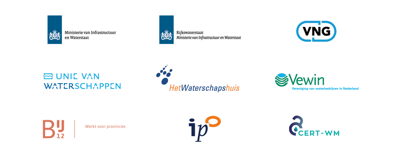 Overzicht van de logo’s van betrokken organisaties. Het programma wordt gefaciliteerd door het ministerie van Infrastructuur en Waterstaat. Bij de uitvoering van projecten wordt samengewerkt met Rijkswaterstaat, de Vereniging Nederlandse Gemeenten (VNG), de Unie van Waterschappen, Het Waterschapshuis, de Vereniging van waterbedrijven in Nederland (VEWIN), Bij12, het Interprovinciaal Overleg (IPO) en het CERT Watermanagement (CERT-WM)